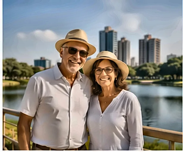 Como Escolher um Correspondente Bancário Para Consignado INSS: Critérios e Cuidados Casal de idosos aposentados passeando no parque — Como Escolher um Correspondente Bancário Para Consignado INSS: Critérios e Cuidados
