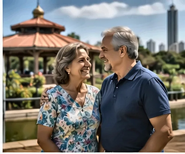 Simulações Práticas de Consignado INSS: Exemplos Reais Por Perfil Casal de idosos aposentados passeando no parque — Simulações Práticas de Consignado INSS: Exemplos Reais Por Perfil