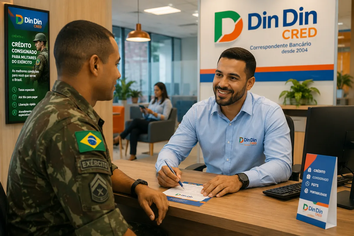 Cliente em atendimento humanizado na loja da Din Din Cred — Consignado em Brasília DF: INSS, SIAPE, Militares e FGTS — Atendimento Digital