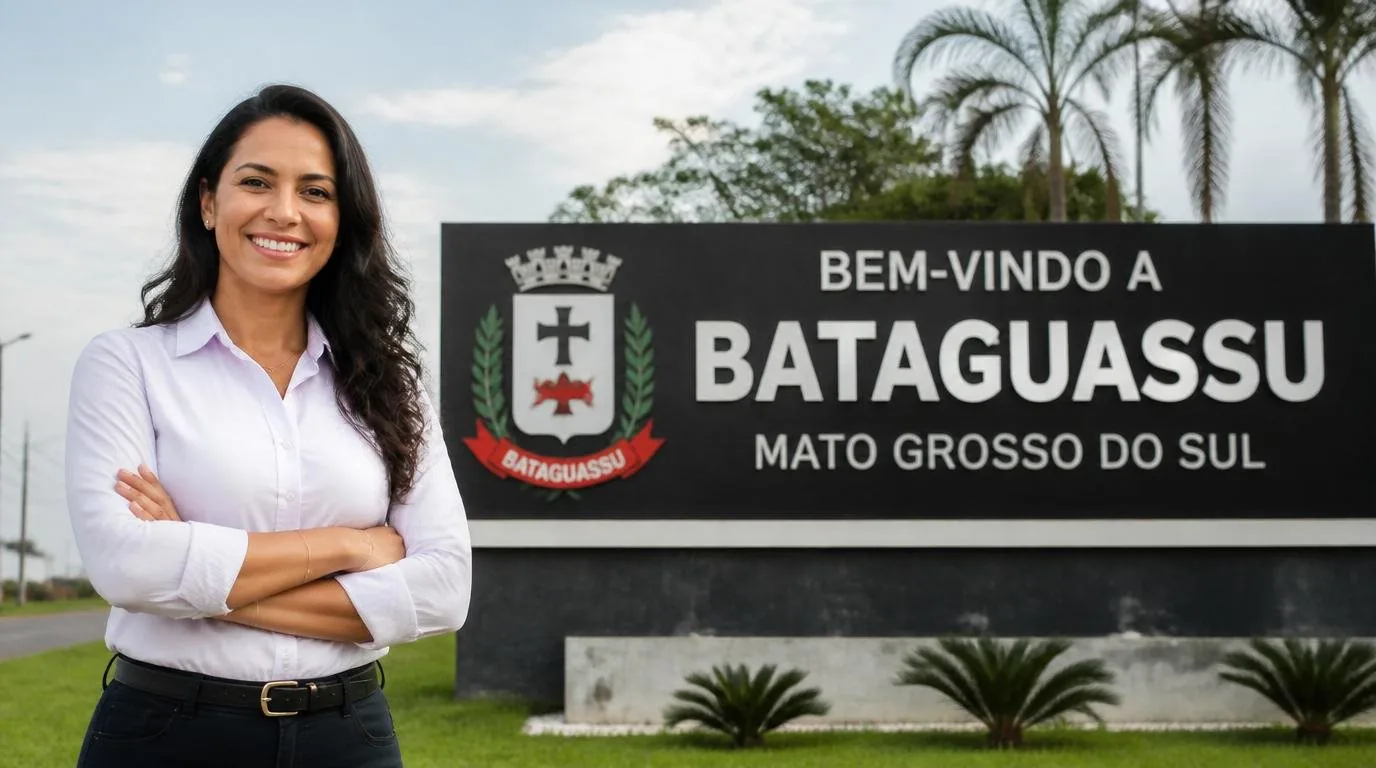 Placa de entrada da cidade de Bataguassu (MS) — crédito consignado com atendimento digital da Din Din Cred — Consignado Para Servidores Municipais do Vale da Celulose: Ribas, Bataguassu, Paranaíba e Inocência