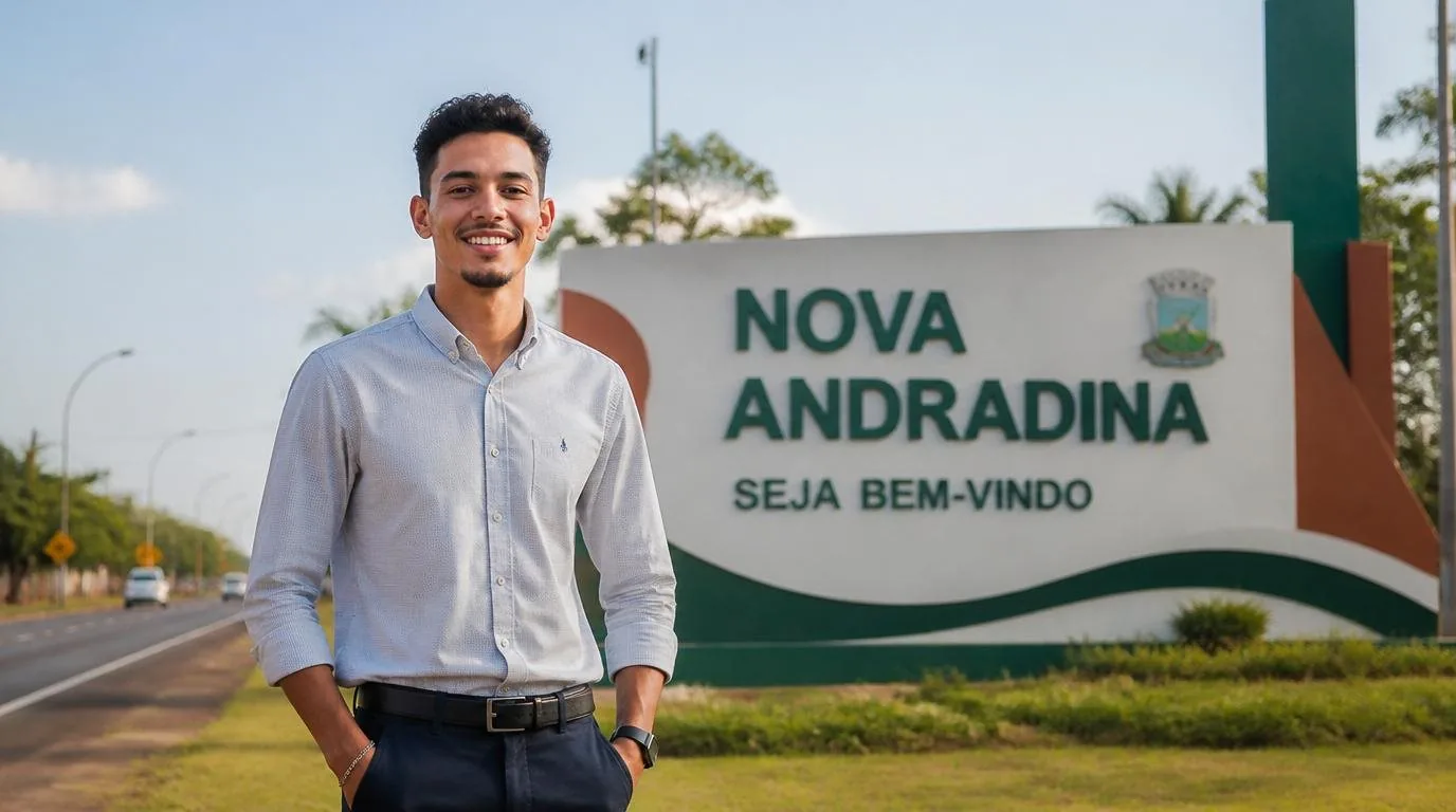 Consignado em Naviraí, Nova Andradina e Cone Sul do MS Placa de entrada da cidade de Nova Andradina (MS) — crédito consignado com atendimento digital da Din Din Cred — Consignado em Naviraí, Nova Andradina e Cone Sul do MS